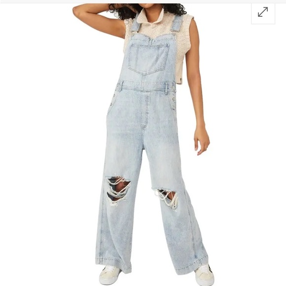 NWT We The Free Denim Overalls Size Small Blue Wide Leg Distressed Lyocell - Picture 1 of 13